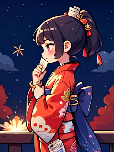 printed kimono, Wad of bills, heart, wide sleeves, Love, long sleeves, bracelet, on one side, profile, seeking out, night sky, Fireworks