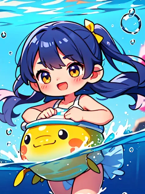 cute scene of rika practicing swimming, rika should be in a shallow pool or calm body of water., looking determined and cheerful. Water splashes around rika.., and maybe a few playful bubbles. The background should show a sunny day with clear skies