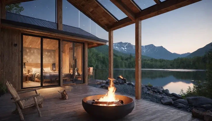 Imagine the interior of a modern and luxurious hut nestled under the stars with a backdrop of majestic mountains, a serene lake and a waterfall beside it, outside there is a campfire. Design the cottage to seamlessly blend contemporary elements with the na...