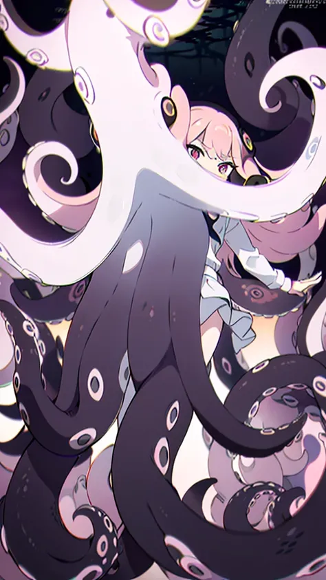 ((best quality)), ((highly detailed)), absurdres, (detailed eyes, deep eyes),1girl,20 years old,solo,long hair,pink hair,(((white shirt,black standart tie,black skirt))),dynamic pose, cowboy shot, (((scylla))), (((octopus girl))), standing, (tentacles:1.33...