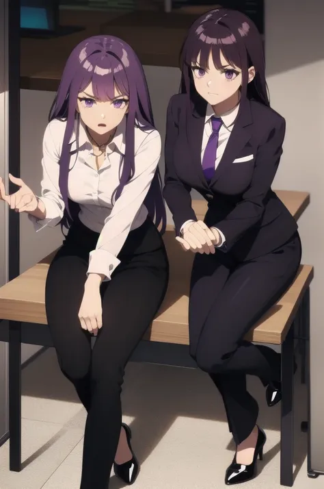 purple hair,,long hairpurple eyes,(((office suit,)))(disgust,looking disgusted, abhore),in the office,sitting on the office chai...