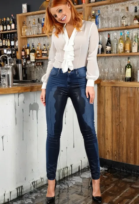 two attractive  women one blonde wearing black skinny jeans one redhead wearing dark blue skinny jeans, high heel pumps, white blouse, standing in a crowded bar,  wetting, big smile, pee stains are gleaming wet