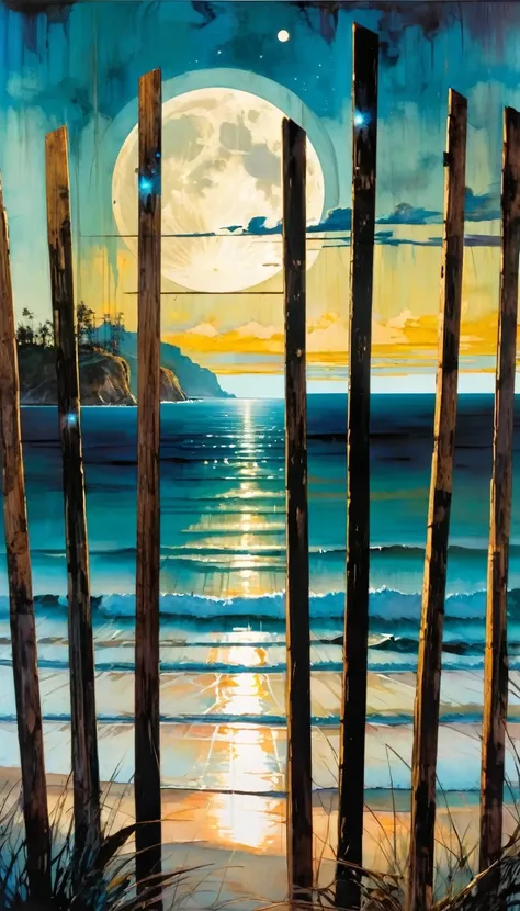 We see through eight wooden posts that cross the image laterally, a beautiful landscape with sea and moon (art inspired by Bill Sienkiewicz, intricate details, oil painting)
