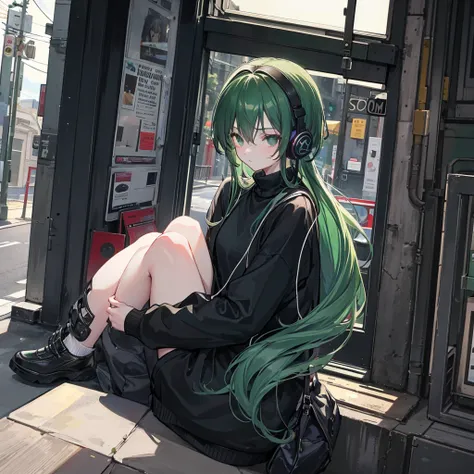 Chico adolescente aesthetic, with black sweater, a lock of green hair with headphones, in a dusk.