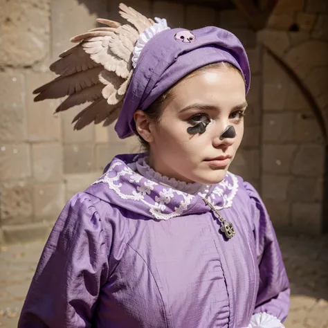 Cute Pink Skull Pigeon, dressed in medieval purple clothing with white details 