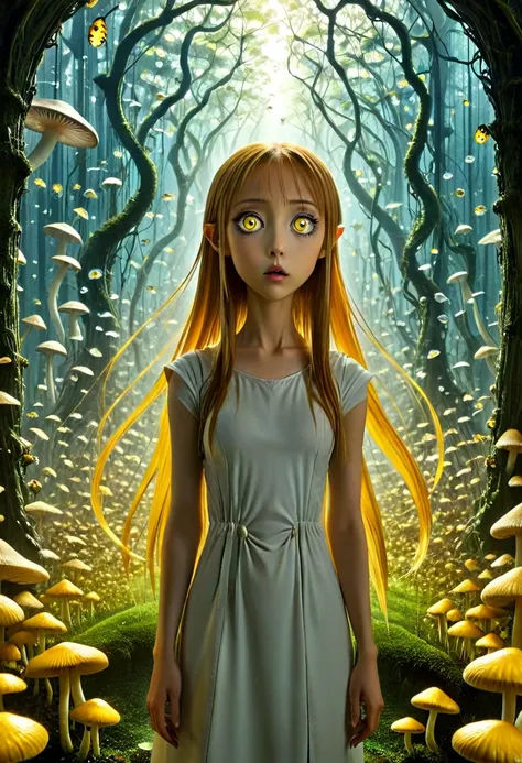 asuna, With her enormous yellow eyes she looks directly at the mushrooms with an expression of amazement when she finds herself surrounded by hundreds of glass insects that have an impossible geometry.... All with the style of Tim Burton, in a kind of surr...