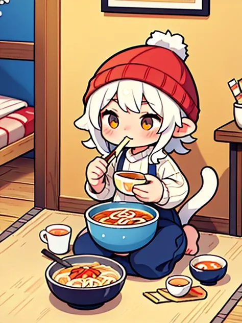 A cat in a knitted hat eats ramen in a room. The cat slurps the noodles and holds the bowl with both paws..