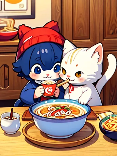 A cat in a knitted hat eats ramen in a room. The cat slurps the noodles and holds the bowl with both paws..