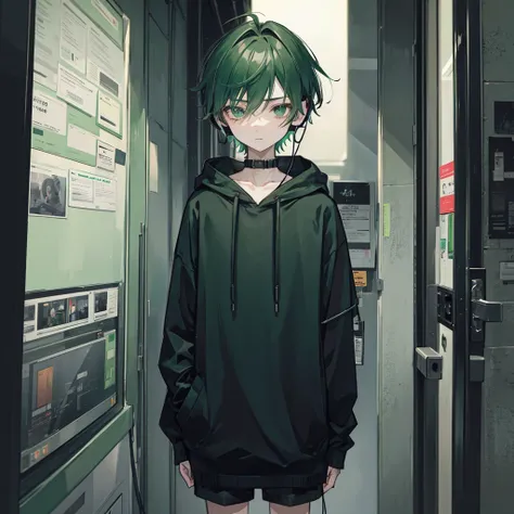 Boy man teenager aesthetic lonely, with black sweater, a lock of green hair with headphones, in a dusk.