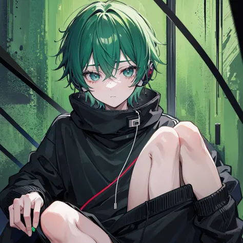 Boy man teenager aesthetic lonely, with black sweater, a lock of green hair with headphones, in a dusk.