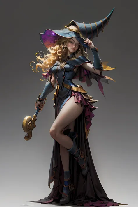 (8k,photorealistic　raw photography　the highest quality;1.4) 　(1girl in)　super beauty　(realistic face)　femenine body 　(Blonde with long curls)　Hold a black and red magic wand.　combat scene　Magic hat with black and gold exterior.　Beautiful expression　Glare　(...