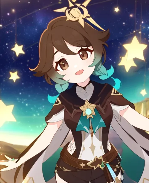 Make a Genshin Impact oc. Give her long brown, to teal ombre hair. Her vision/element is anemo. She has a star themed, teal, purple and black outfit. With shorts. Brown slender-ish eyes. She is very kind, and soft-hearted. She likes space and singing. Shes...