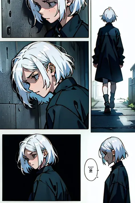 Girl with short white hair small and really skinny, feeling extremely sick, detailed illness, coughing blood, fainting , throwing up, manga page with panels and dialogue    