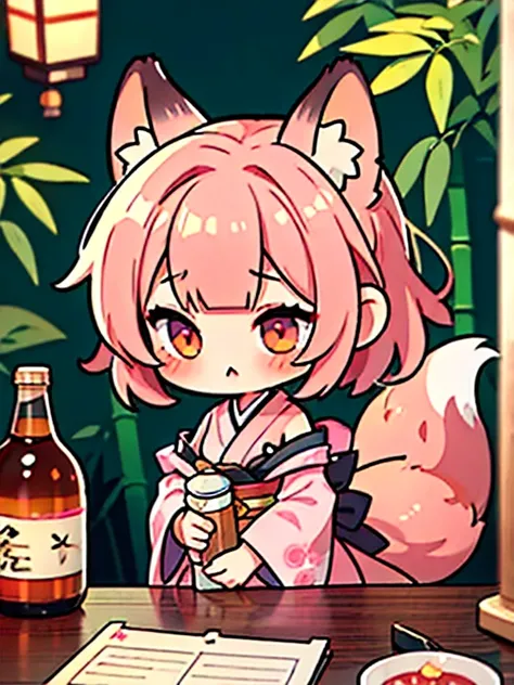 (Chibi:1.8), (intricate details), (Alone, 1 girl, fox ears:1.1), zombie pose, eyelashes, Golden hair, blunt bangs, medium breasts, blush, seductive, clavicle, (confused:1.1), (pink japanese clothes:1.25), (kanji haiku calligraphy poem:1.1), sake bottle, Sa...