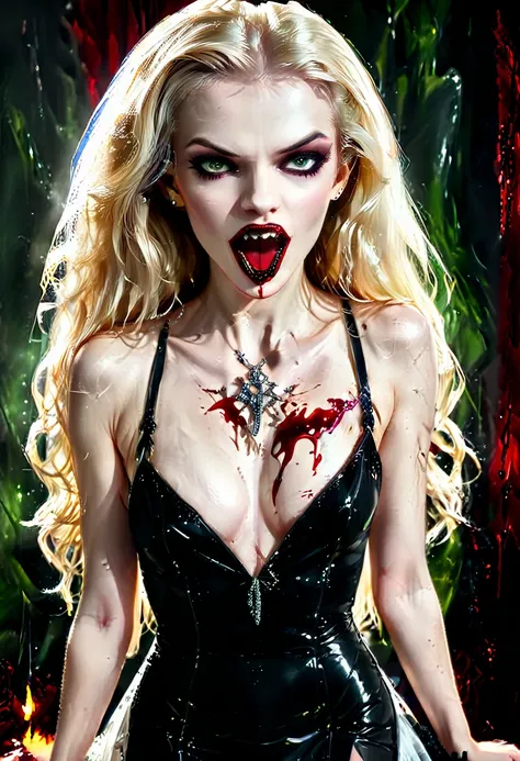 ((a photorealistic glamour shot of an exquisite, glamour female vampire: 1.5)), ((full body: 1.3)), ultra feminine,  pale face, blond hair, long vibrant shiny hair, glamorous hair, emerald green eyes, deep penetrating eyes, red lips, lustful lips, ((two vi...