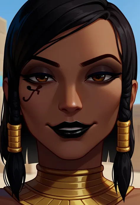 score_9, score_8_up, score_7_up, 1girl, solo, pharah, brown eyes, (eye of horus), (black lipstick), headshot portrait, close-up,...