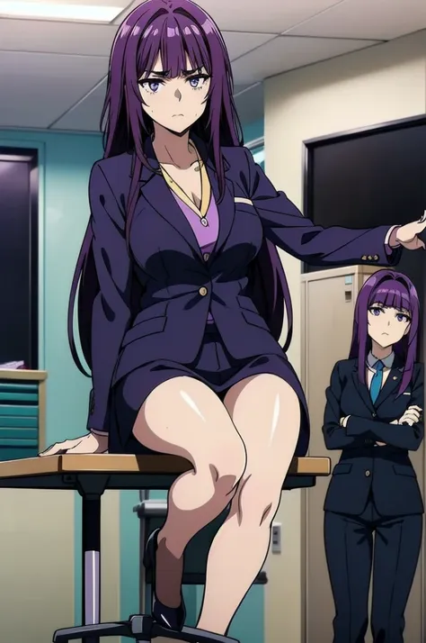 purple hair,,long hairpurple eyes,(((office suit,)))(disgust,looking disgusted, abhore),in the office,sitting on the office chai...