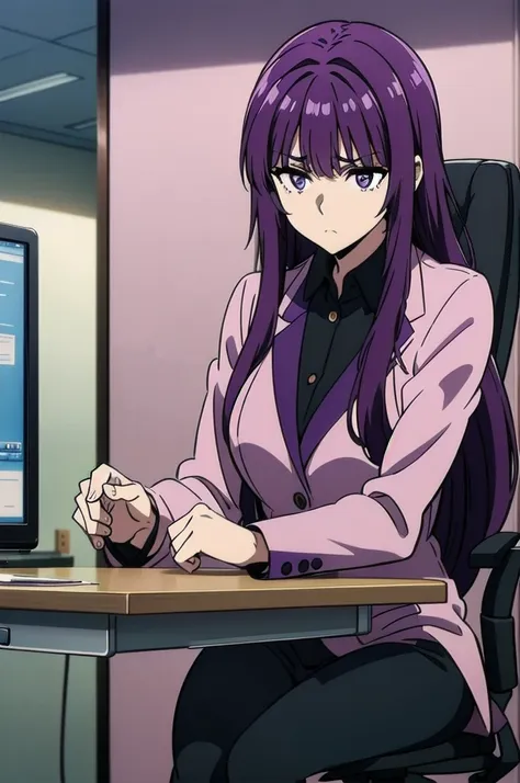 purple hair,,long hairpurple eyes,(((office suit,)))(disgust,looking disgusted, abhore),in the office,sitting on the office chai...