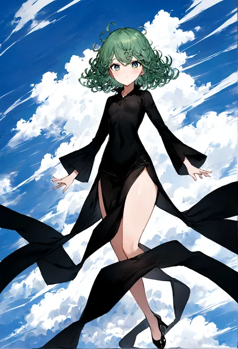 Create a digital image of a female character with wavy green hair, large, expressive eyes, wearing a short, tight-fitting black dress with long sleeves that extend into flowing bands. She&#39;s floating in the sky, with white clouds in the background and a...