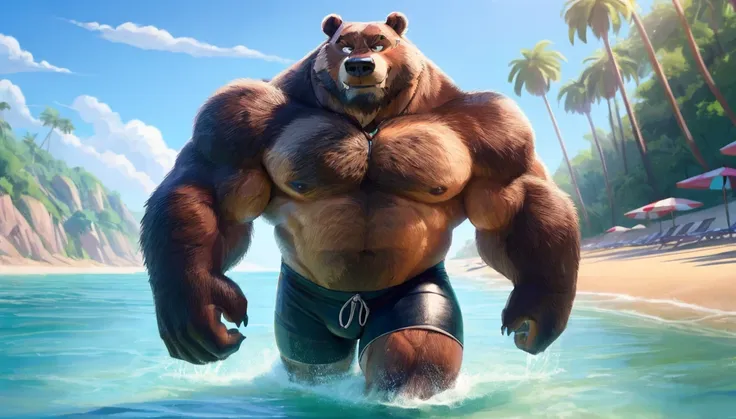 solo, 1boy, huge muscular old grizzly bear wearing glasses , pectoral, huge pectoral, wide pectoral, brown fur, short white hair...