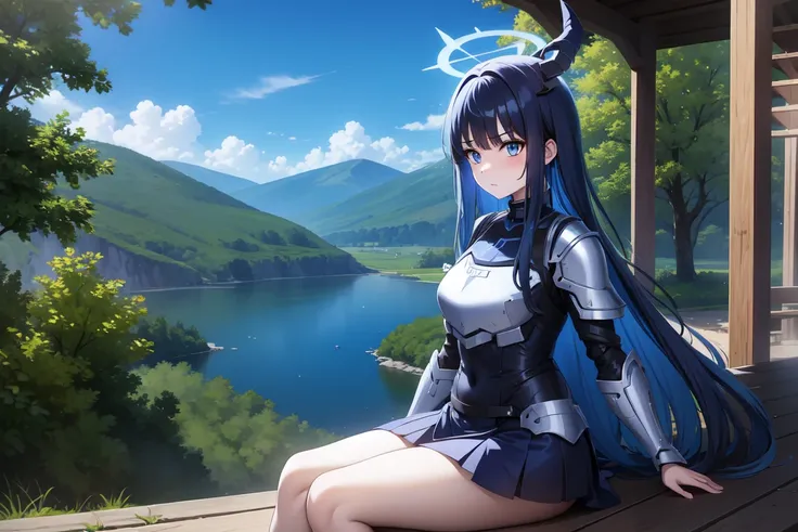 1girl,solo, saorijoumae, saori joumae, blue eyes, blue hair, halo, long hair, sitting, looking at viewer, adventurer clothes, light armor, horns, outdoors