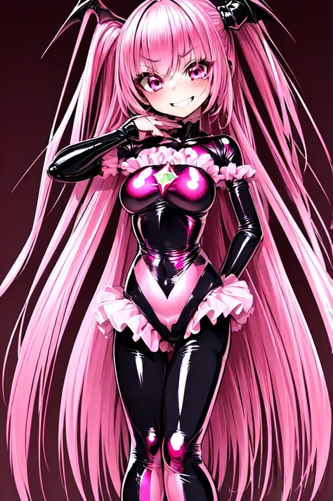 1 girl, bad_end_pretty cure, bad_end_happy,pink hair, pink eyes, ruffled bodysuit, are standing, finding, jump, magic, masterpie...