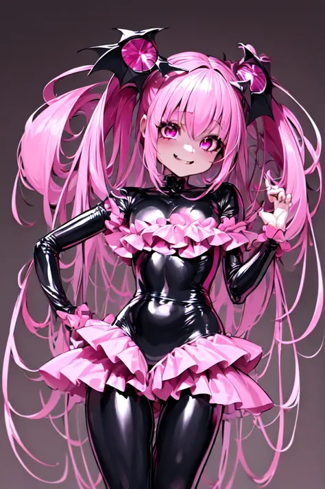 1 Girl, bad_end_Pretty Cure, bad_end_Happy,Pink Hair, Pink Eyes, Ruffled bodysuit, Are standing, Finding, jump, magic, Masterpiece Therapy_Happy, Red Gem、Wicked Smile, Dark world background, ,deep shaded face,sadistic smile,Malice,contempt,laugh at,latex,b...