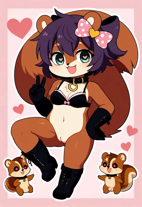 boy and girl, squirrel, furry, bodyfur, tail, collar, bra, bottomless, gloves, boots, chibi, sparkling eyes, idol, hair bow, happy, full body, penis, testicles, some perfect pussy, heart shaped pupils, side by side