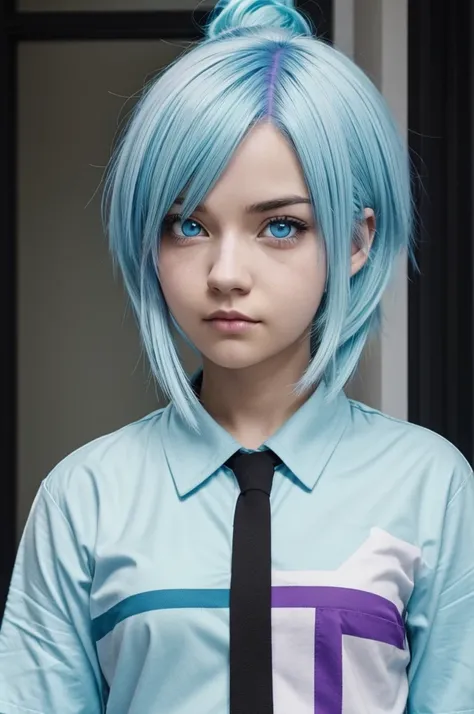 Screenshot of My Hero Academia, girl with light pastel blue hair color and one black eye and one dark pastel blue eye, shirt neither too long nor too short with black and purple stripes