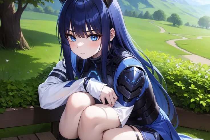 1girl,solo, saorijoumae, saori joumae, blue eyes, blue hair, halo, long hair, sitting, looking at viewer, adventurer clothes, light armor, horns, outdoors