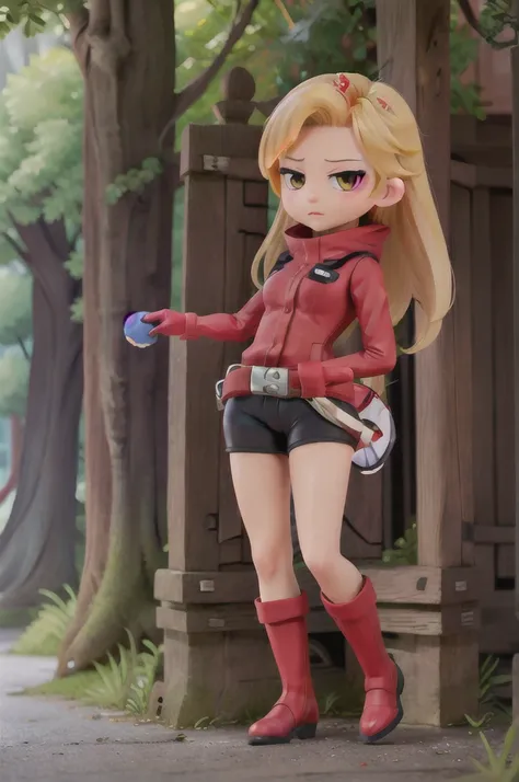 ((masterpiece)), (best quality), official art, highly detailed, detailed background, photorealistic, 
(chibi:1.5),
RangXY, 1girl, solo, looking at viewer, thighhighs, gloves, long sleeves,  jacket, full body, boots, shorts, black gloves, belt, high heels, ...