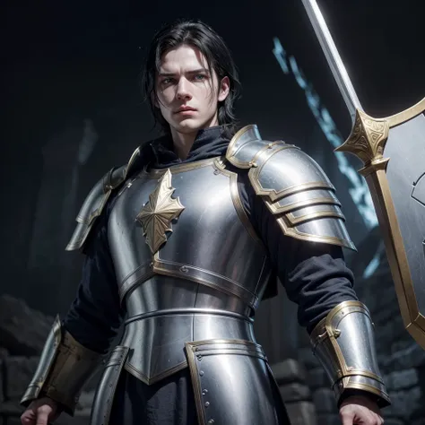 I want to create a paladin for my medieval RPG game, He has 1,84 m high, white skin but not too much, light blue eyes and pitch-black hair, his face is one of constant sadness and emptiness but at the same time gentle and kind, wears golden armor, a long s...