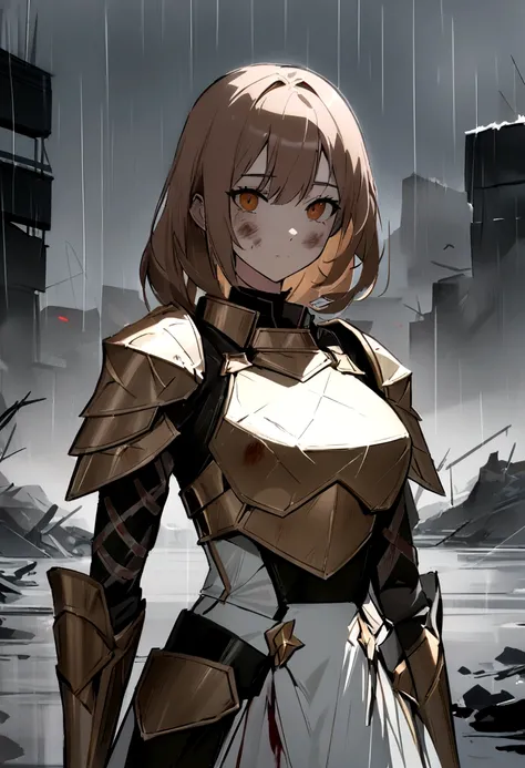 (ultra detali:1.2, work of art:1.2, best qualityer:1.2, high resolution:1.2), war zone background, scenario, raining, 1 girl, , chestnut hair, hypdertailed, armor clothes, breastplate, dirty faced, blood spots, dark sky