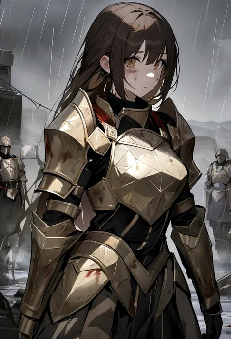 (ultra detali:1.2, work of art:1.2, best qualityer:1.2, high resolution:1.2), war zone background, scenario, raining, 1 girl, , chestnut hair, hypdertailed, armor clothes, breastplate, dirty faced, blood spots, dark sky