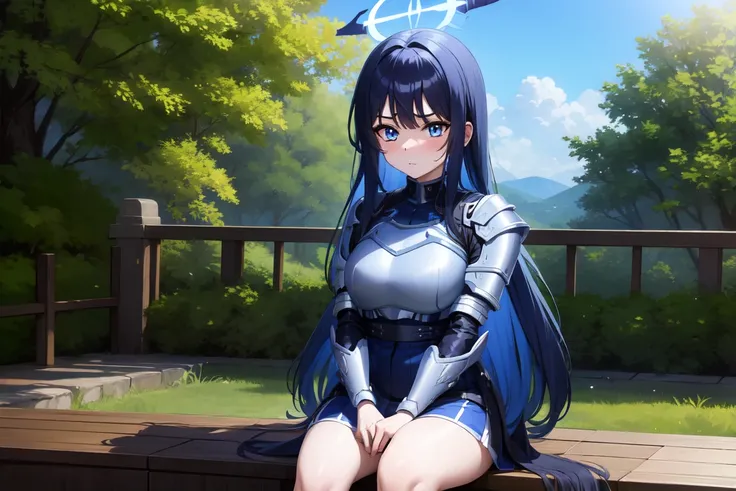 1girl,solo, saorijoumae, saori joumae, blue eyes, blue hair, halo, long hair, sitting, looking at viewer, adventurer clothes, light armor, horns, outdoors