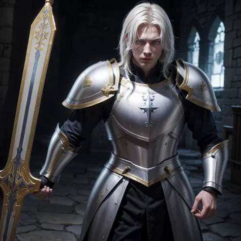 I want to create a paladin for my medieval RPG game, He has 1,84 m high, white skin but not too much, light blue eyes and pitch-black hair, his face is one of constant sadness and emptiness but at the same time gentle and kind, wears golden armor, a long s...