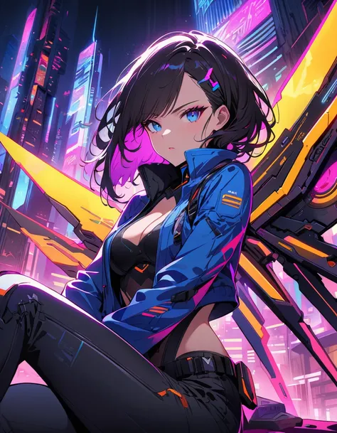 Anime-style cyberpunk female character with dark hair, neon accents, and mechanical wings. She is wearing blue jacket over revealing black outfit, sitting in confident pose. The background is simple vibrant, neon-lit cityscape with blue and pink, emphasizi...