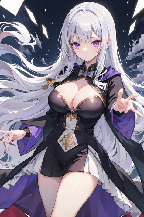 (masterpiece, highest quality:1.2), highest quality, masterpiece, high resolution, Anime style, portraiture, long hair, Silver hair, , oversized coat, purple eyes, ((big breasts, huge breasts, magic, magic square, magician