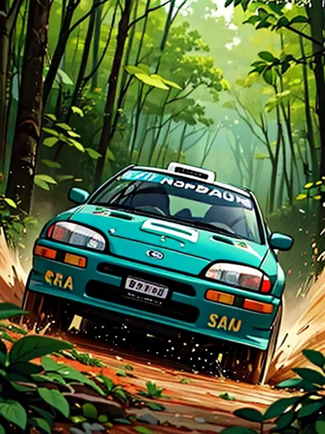 (1 coach, 1997 Subaru Impreza WRC ), Image of a Subaru Impreza WRC going through a dense forest during a rally race, with mud splashes, flying leaves, and vibrant greenery as an epic backdrop.