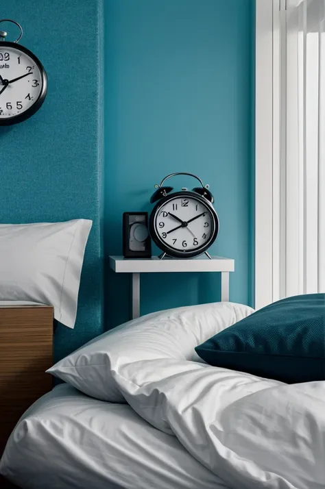 Use a design that represents the duality between reality and perception, as contrasting images of sleep and wakefulness, or optical illusions that challenge visual perception.Includes visual elements such as an alarm clock, an unmade bed and a blurry or su...