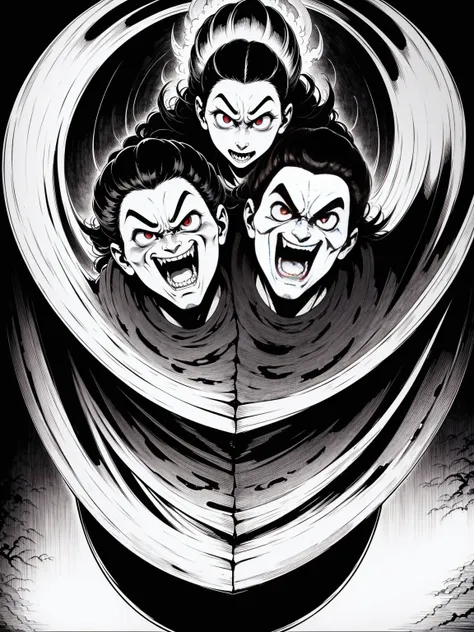 image of the traditional yokai known as feitoupan (flying head), depicted as two disembodied heads flying through a quiet reside...