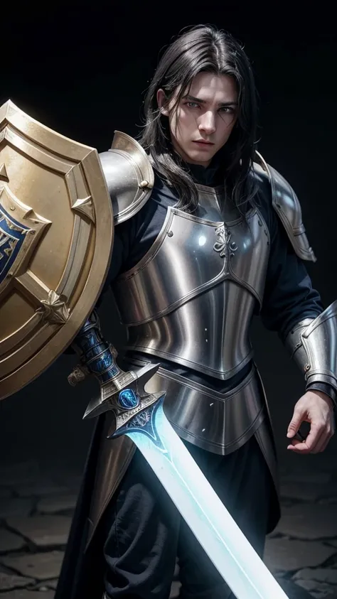 I want to create a paladin for my medieval RPG game, He has 1,84 m high, white skin but not too much, light blue eyes and pitch-black hair, his face is one of constant sadness and emptiness but at the same time gentle and kind, wears golden armor, a long s...