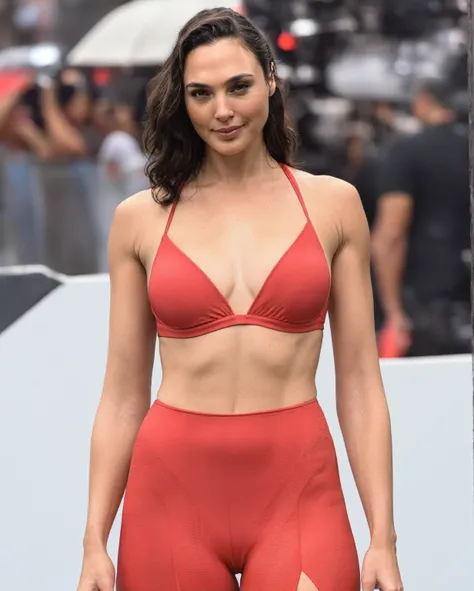  high quality  Erotic photograph  , ( GalGadot , ultra detailed skin texture , hot bikini model ) celebrity erotic photograph, seductive smile ,tall figure , red color rubber   bikini, dark atmosphere , erotic pose, showing her extremely hot figure , bikin...