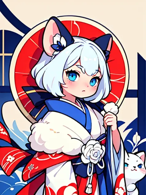 Superior quality, Masterpiece, realistic photo, exquisite details, Photo original, super detailed, white fur kitten with blue eyes, heian aristocrat, elegant colorful twelve layer kimono, perfect details, high definition quality, 8k