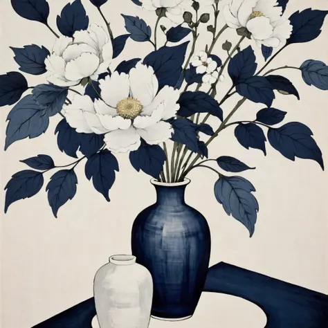 Abstract Floral still life style, vase with this cotton, white and dark navy blue, rough pastoral, intentional canvas, by Catrin Walz-Stein