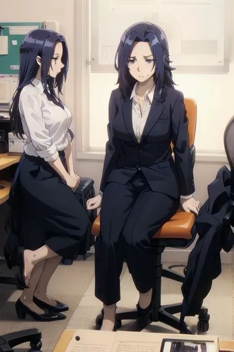 blue hair,,long hair,blue eyes,(((office suit,)))(disgust,looking disgusted, abhore),in the office,sitting on the office chair
