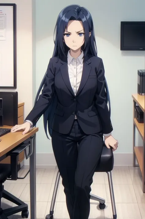 blue hair,,long hair,blue eyes,(((office suit,)))(disgust,looking disgusted, abhore),in the office,sitting on the office chair