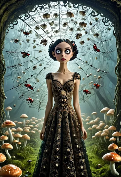 karely ruiz, spider-shaped lace dress, she looks with her enormous eyes directly at the mushrooms with an expression of astonish...