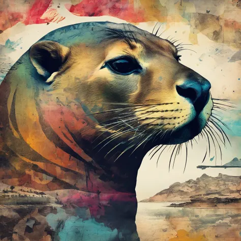 Resistant sea lion, stubborn stubborn look, fond banquise instable ::2 colorful ink painting ::2 art fantasy