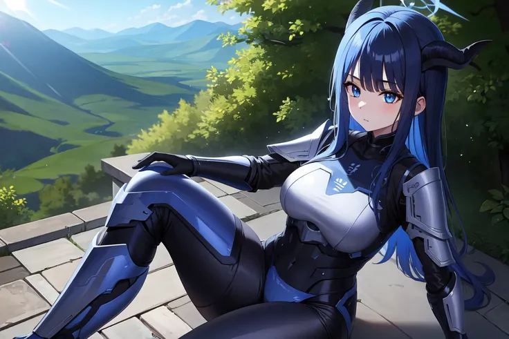 1girl,solo, saorijoumae, saori joumae, blue eyes, blue hair, halo, long hair, sitting, looking at viewer, adventurer clothes, light armor, horns, outdoors